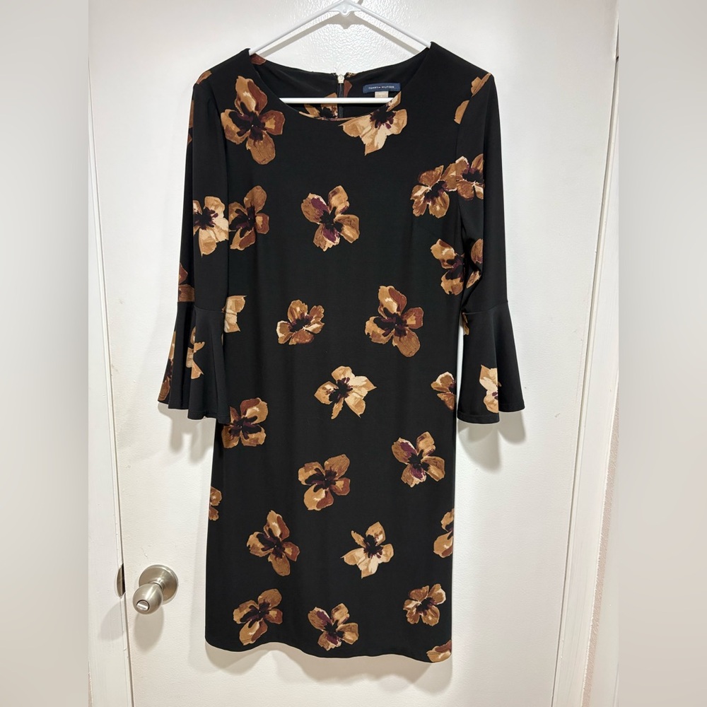 Tommy Hilfiger Women’s Brown/Black Dress-Bell Sleeve Round Neck Back Zip-Sz 6
